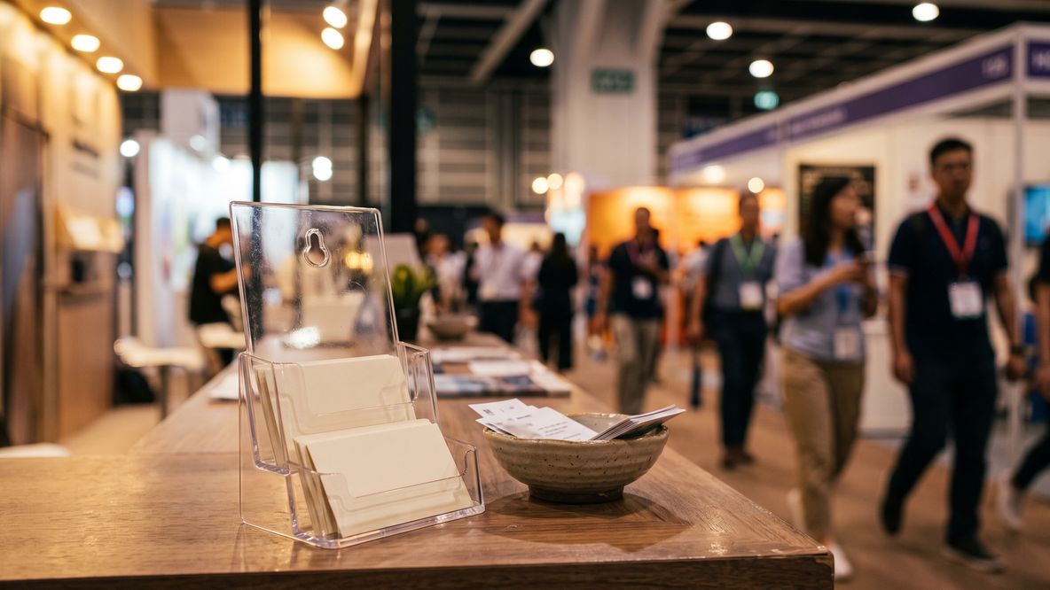 An almost-empty card holder on a trade-show counter, the aisle busy behind it