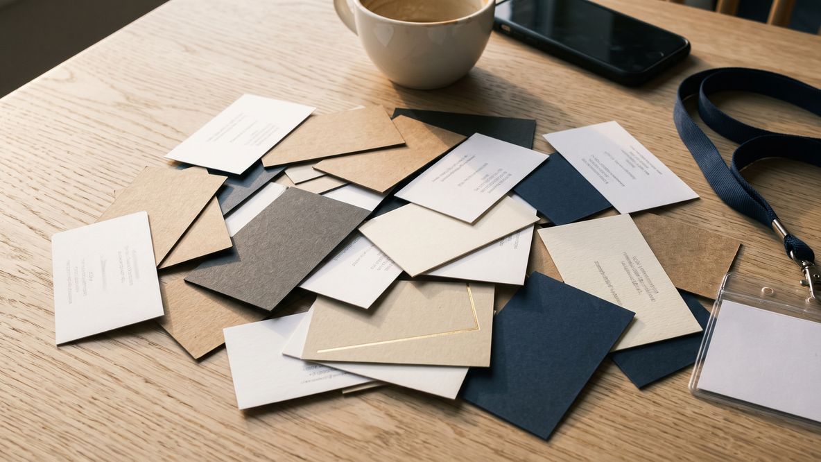 A pile of business cards and an event lanyard scattered on a café table
