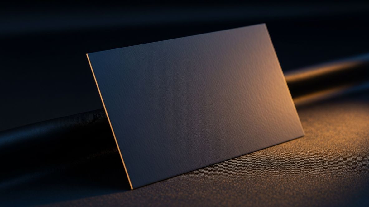 Matte navy SurfCard with champagne print, lying on dark silk