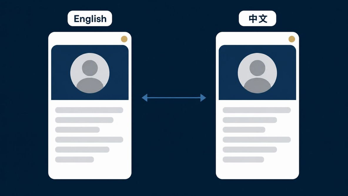 Diagram: one profile shown as two versions side by side, one labelled English and one labelled 中文, each with the same greeked layout