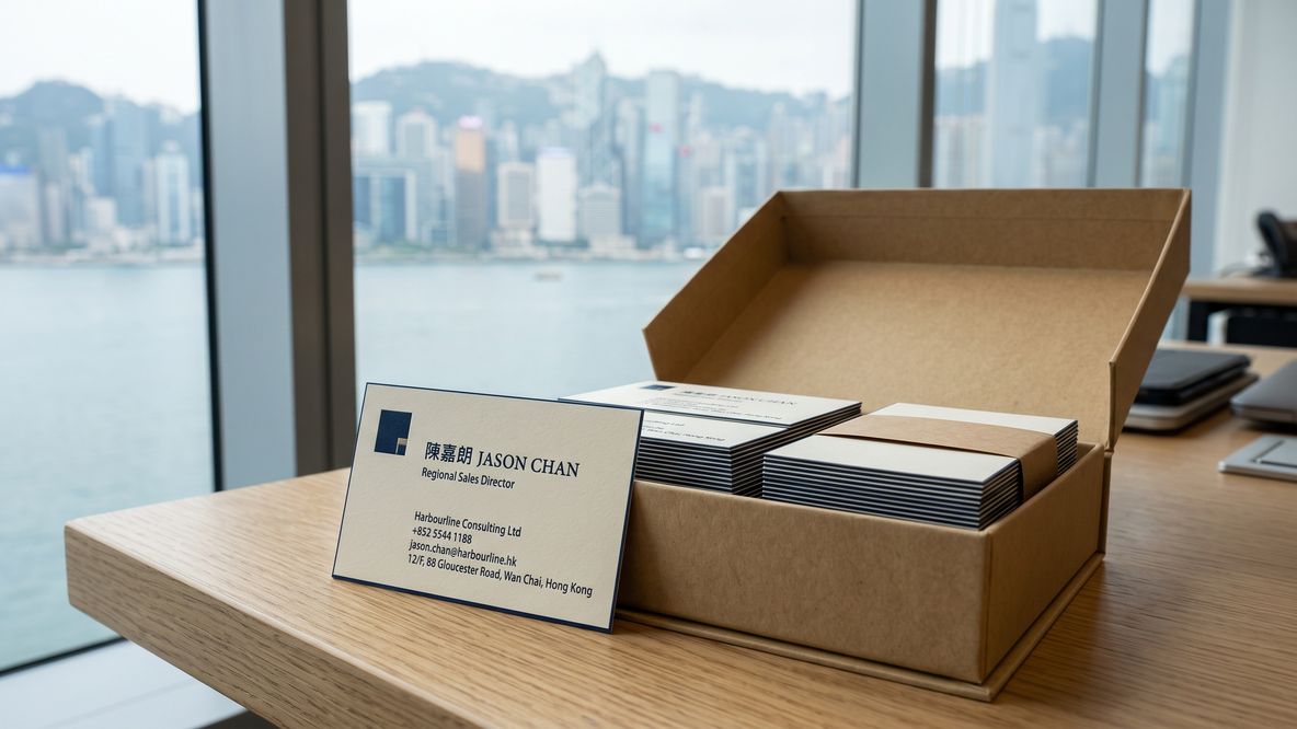 An open box of freshly printed paper business cards on a desk above Victoria Harbour