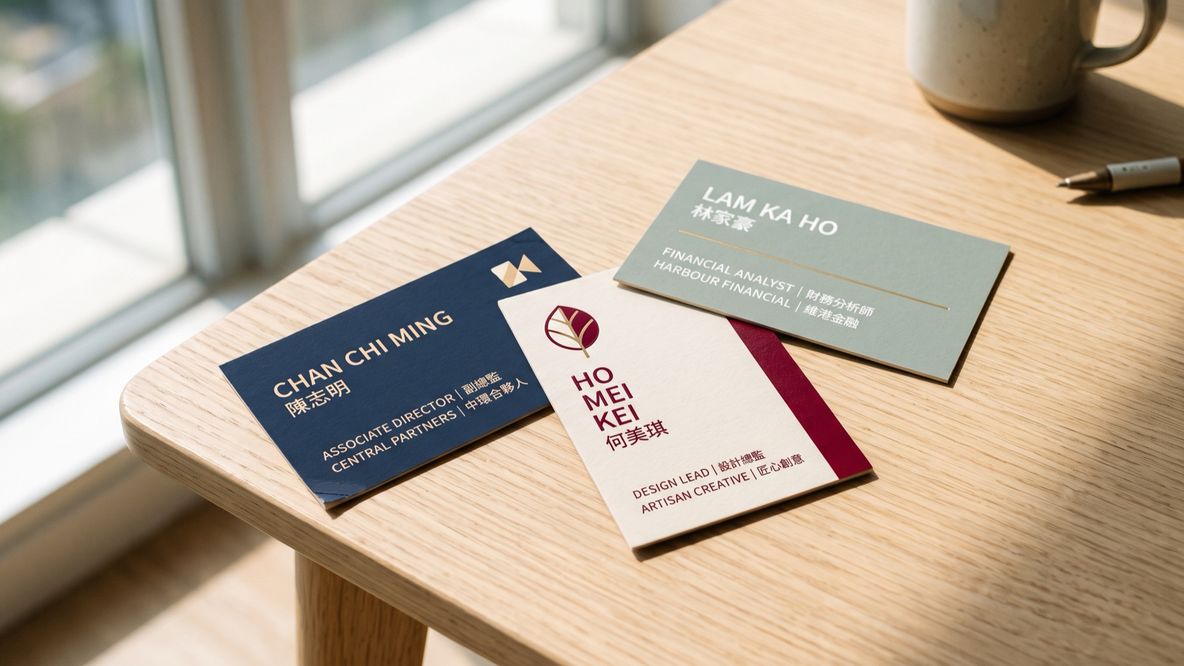 Three designed Hong Kong business cards on a wooden table, each printed with an English name and a Chinese name on the same face