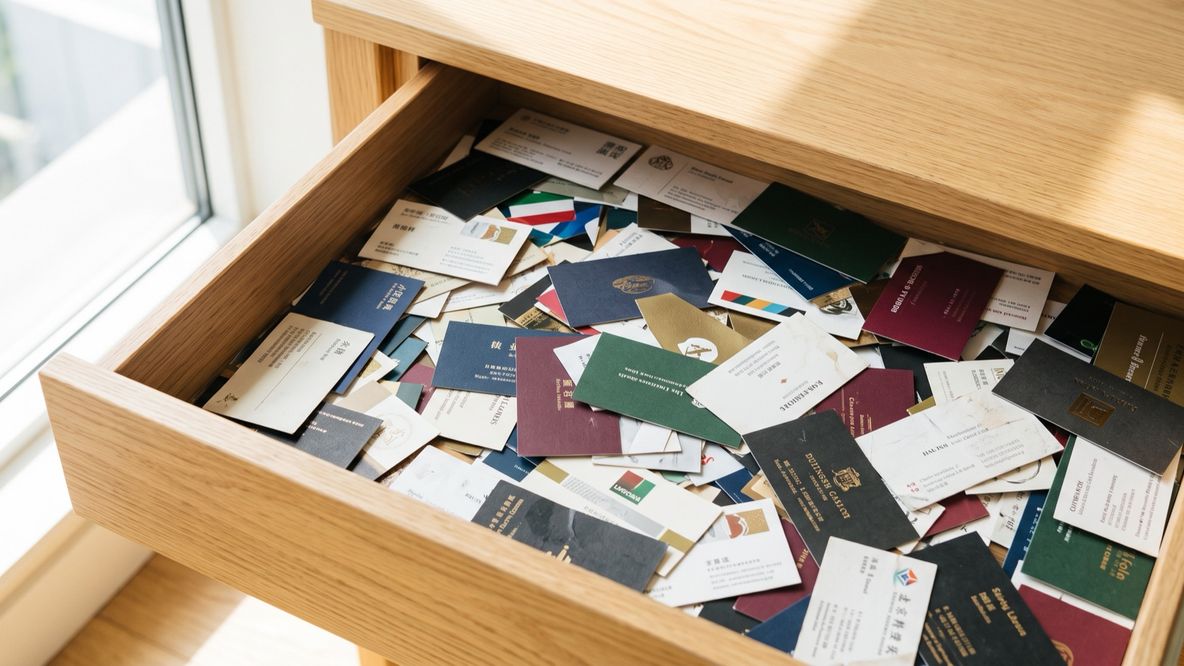 An office desk drawer pulled open, filled with years of collected business cards in English and Chinese