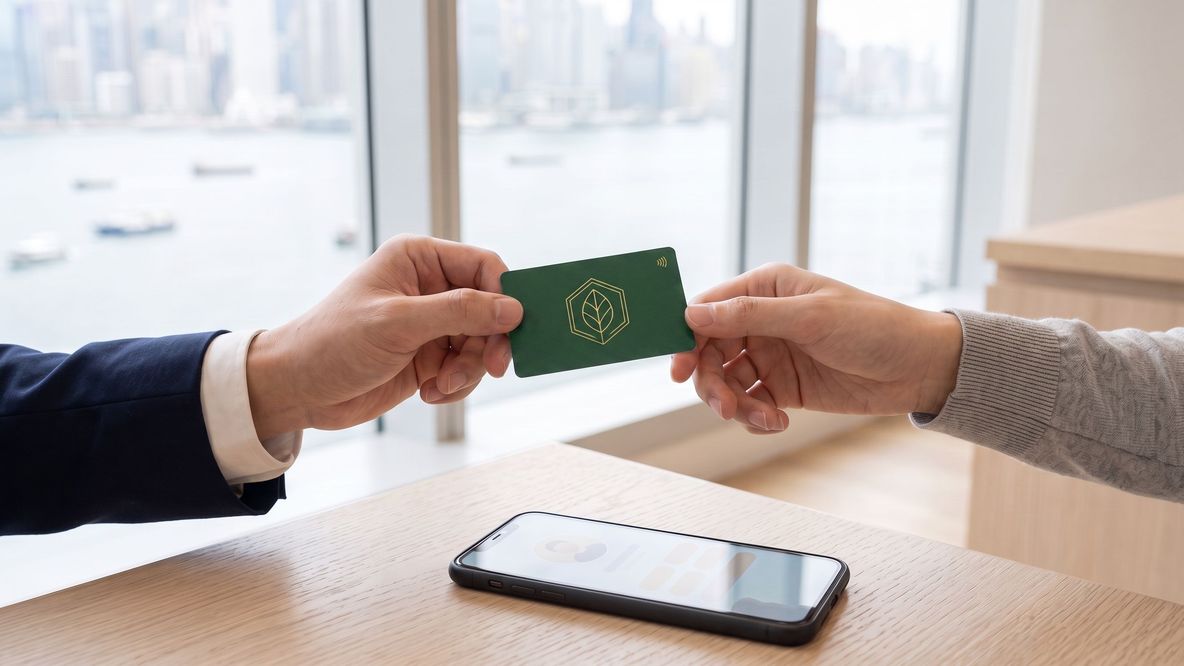 One hand passing a green company card with a gold emblem to another across a desk, a phone below showing a profile page