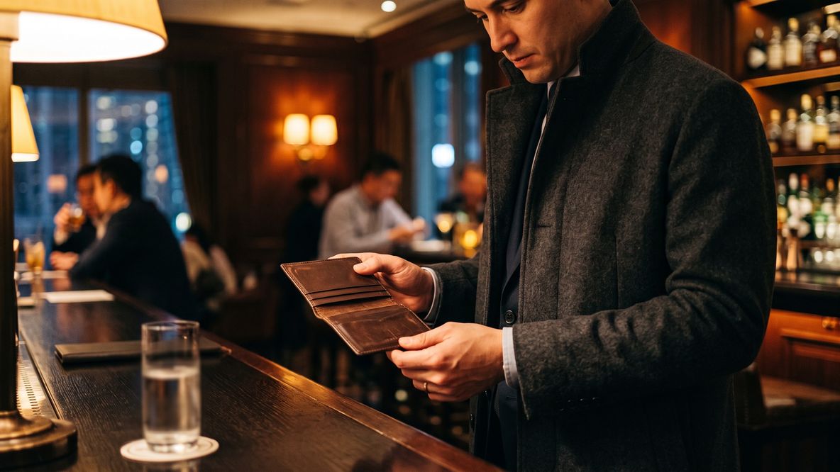 A man looking into an empty leather card holder in a hotel bar