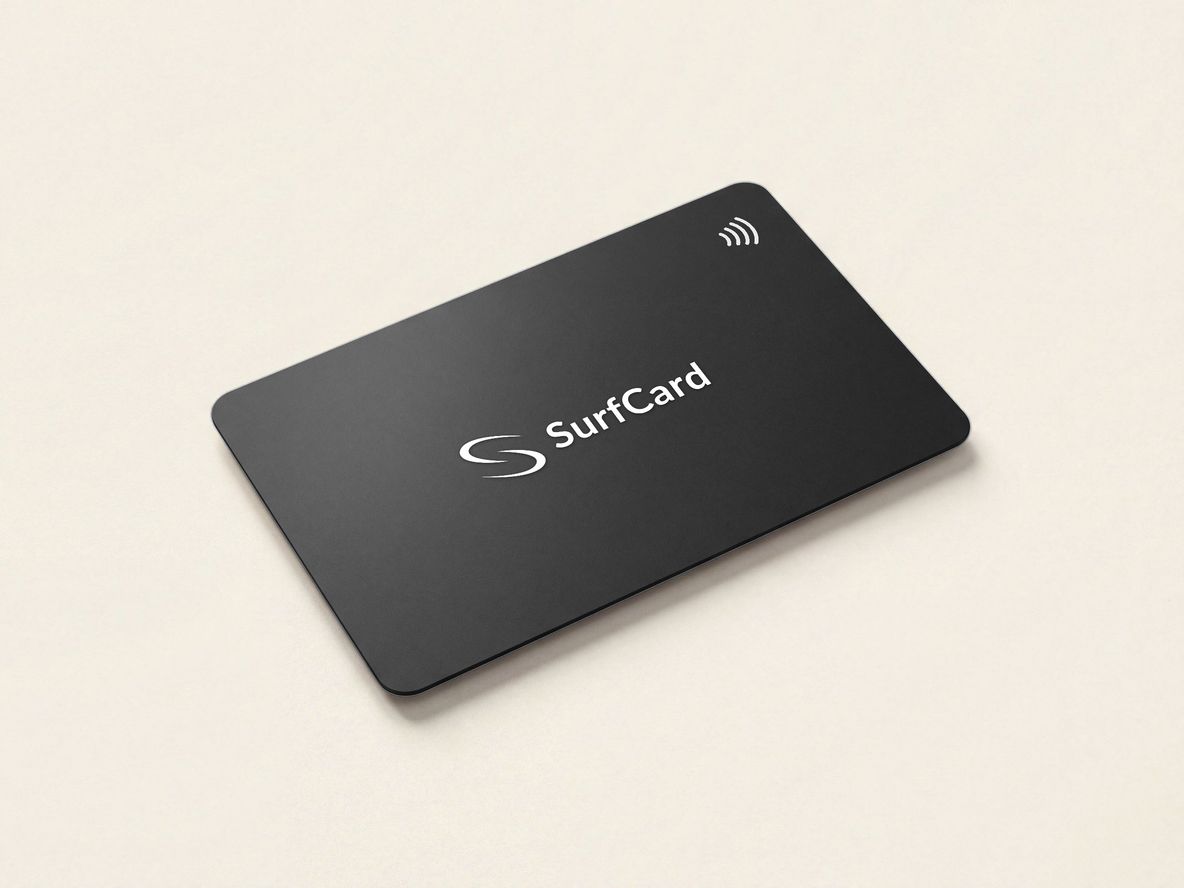 The SurfCard Classic on a pale studio surface — a matte black card carrying the SurfCard mark and the contactless indicator