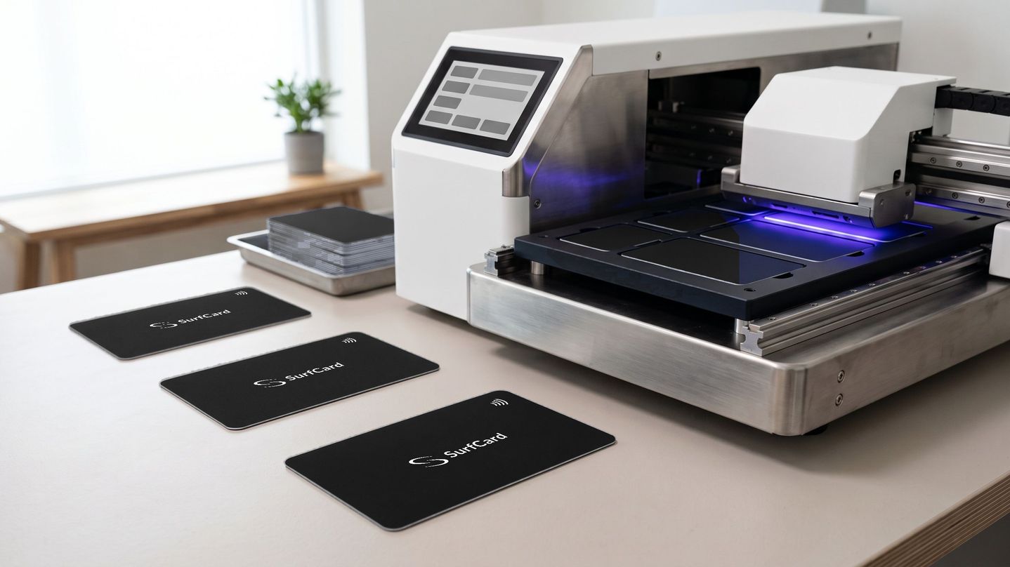 Our card printer at work, with three finished black SurfCards on the bench beside it