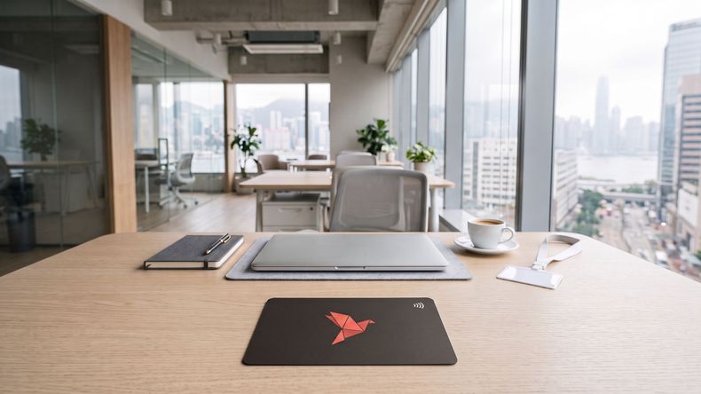 A new hire’s desk ready on the first morning, a charcoal company card waiting in front