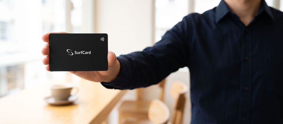 A matte black SurfCard held out face-on in a bright cafe, the SurfCard mark and the contactless indicator printed on its face