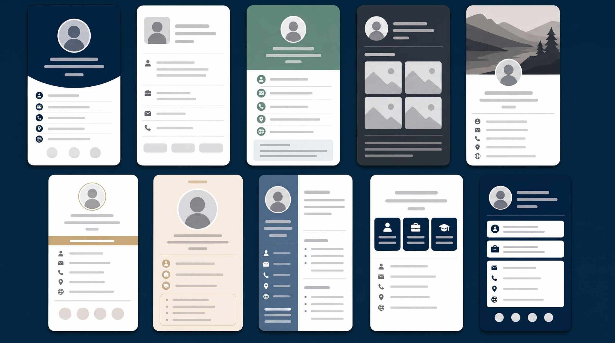 A gallery of different profile layouts shown as phone screens, from classic to portfolio