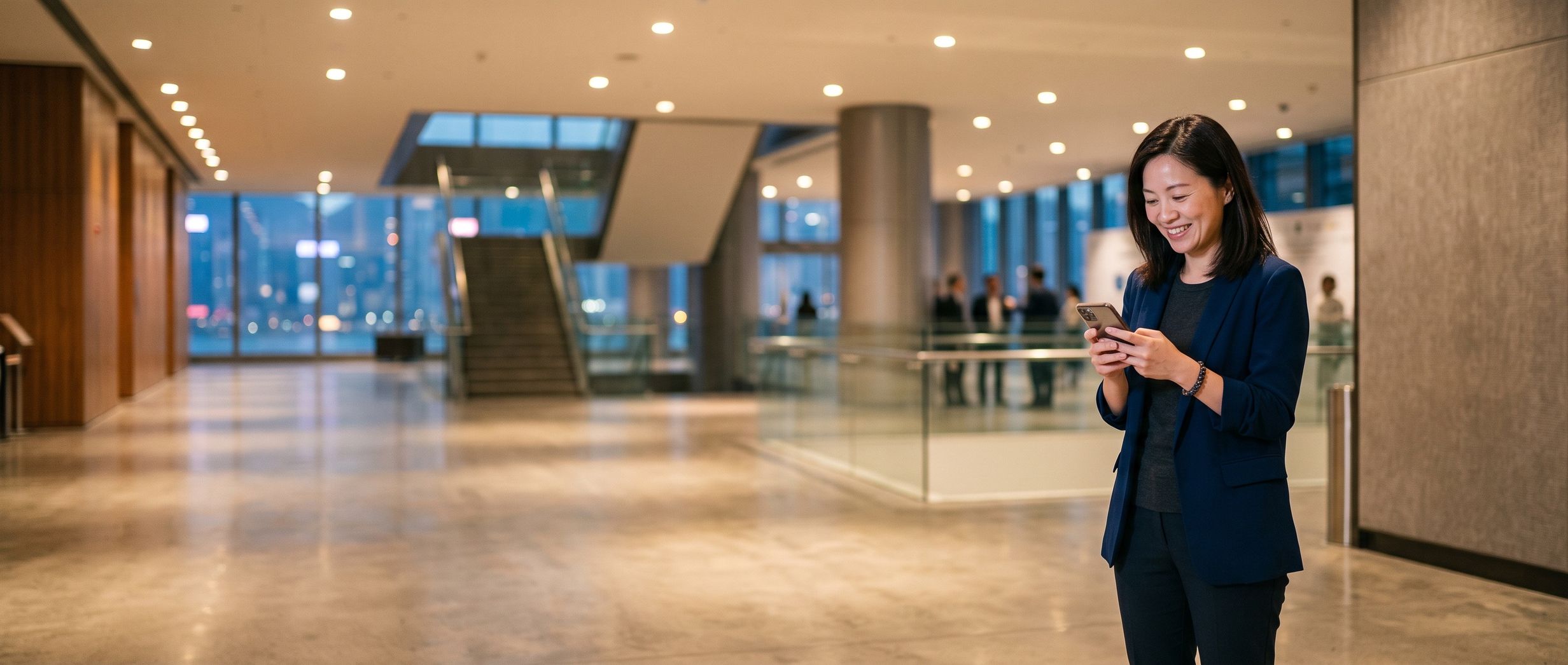 A woman checking her phone in a conference foyer after an event