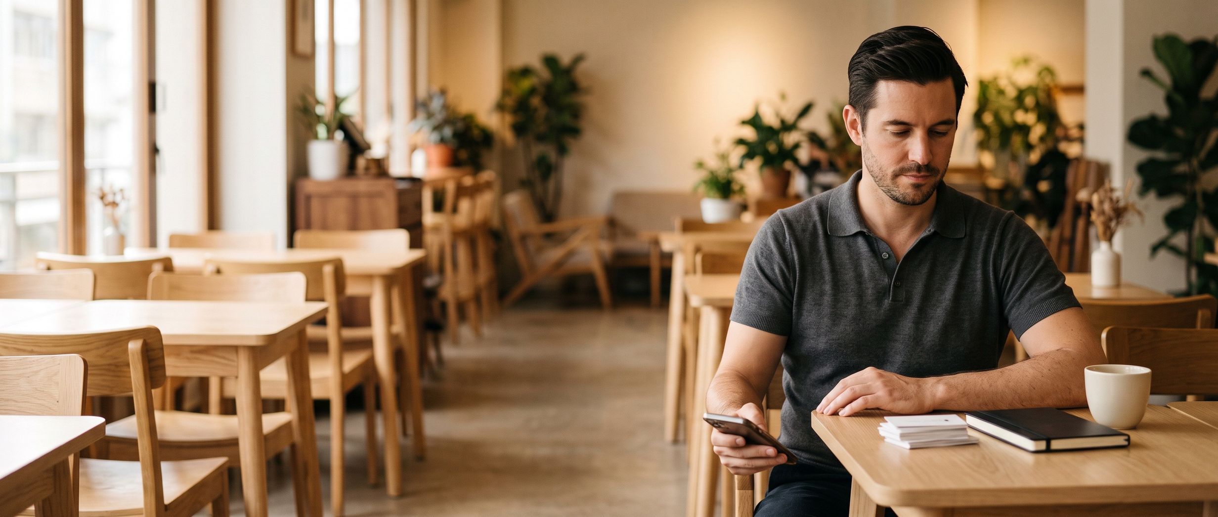 A man in a café reviewing his contacts on his phone beside a small stack of business cards