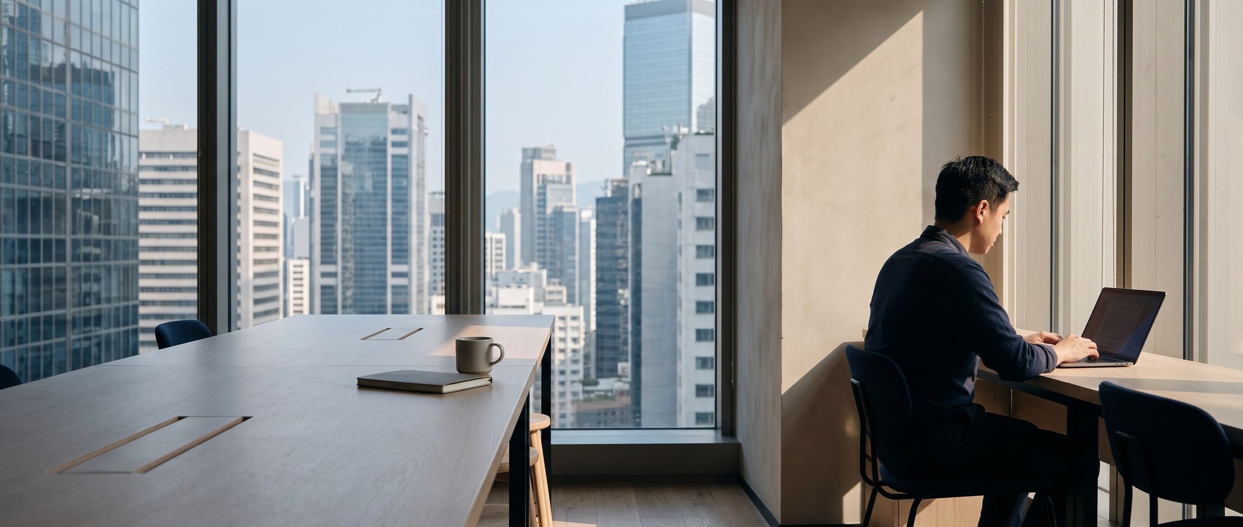 A bright Hong Kong studio office in the morning, the working city framed in the window behind