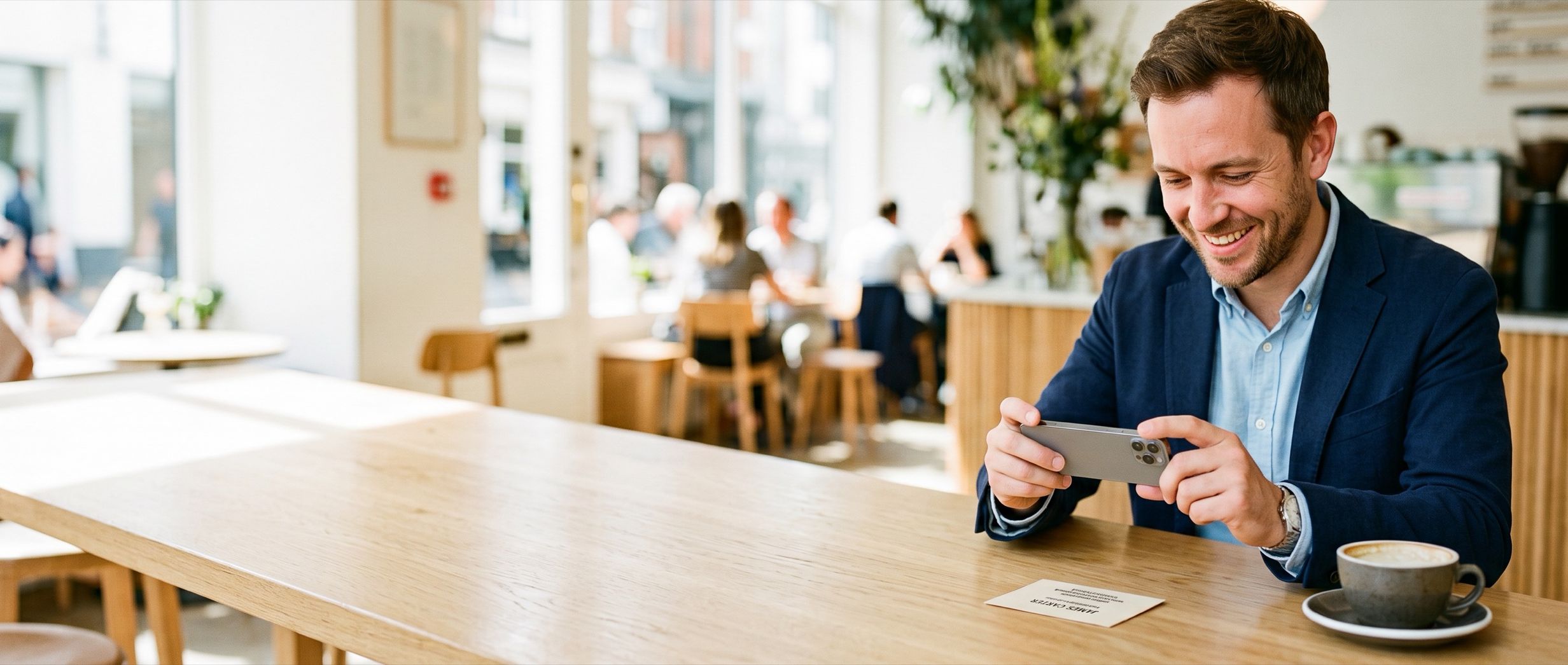 A smiling man at a sunlit café table photographing a paper business card with his phone