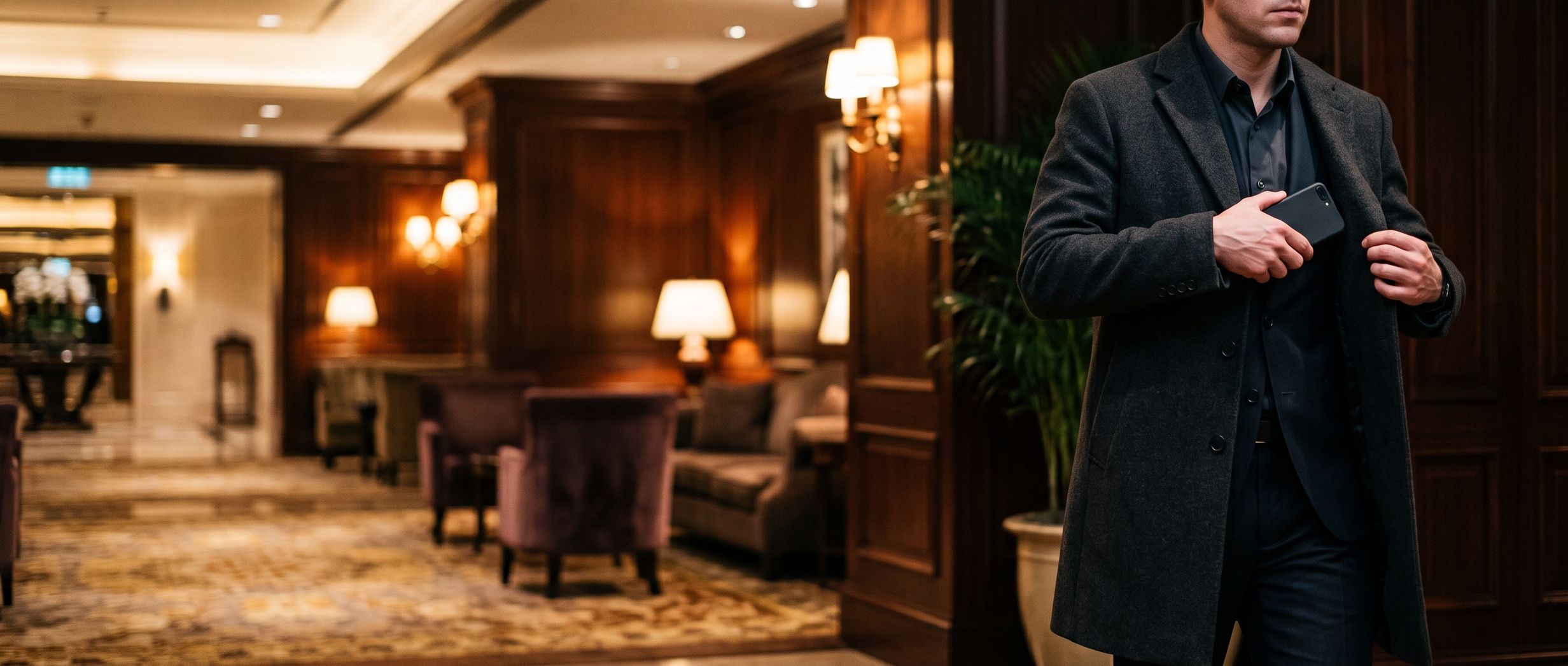 A man drawing his phone from his coat pocket in a hotel lobby