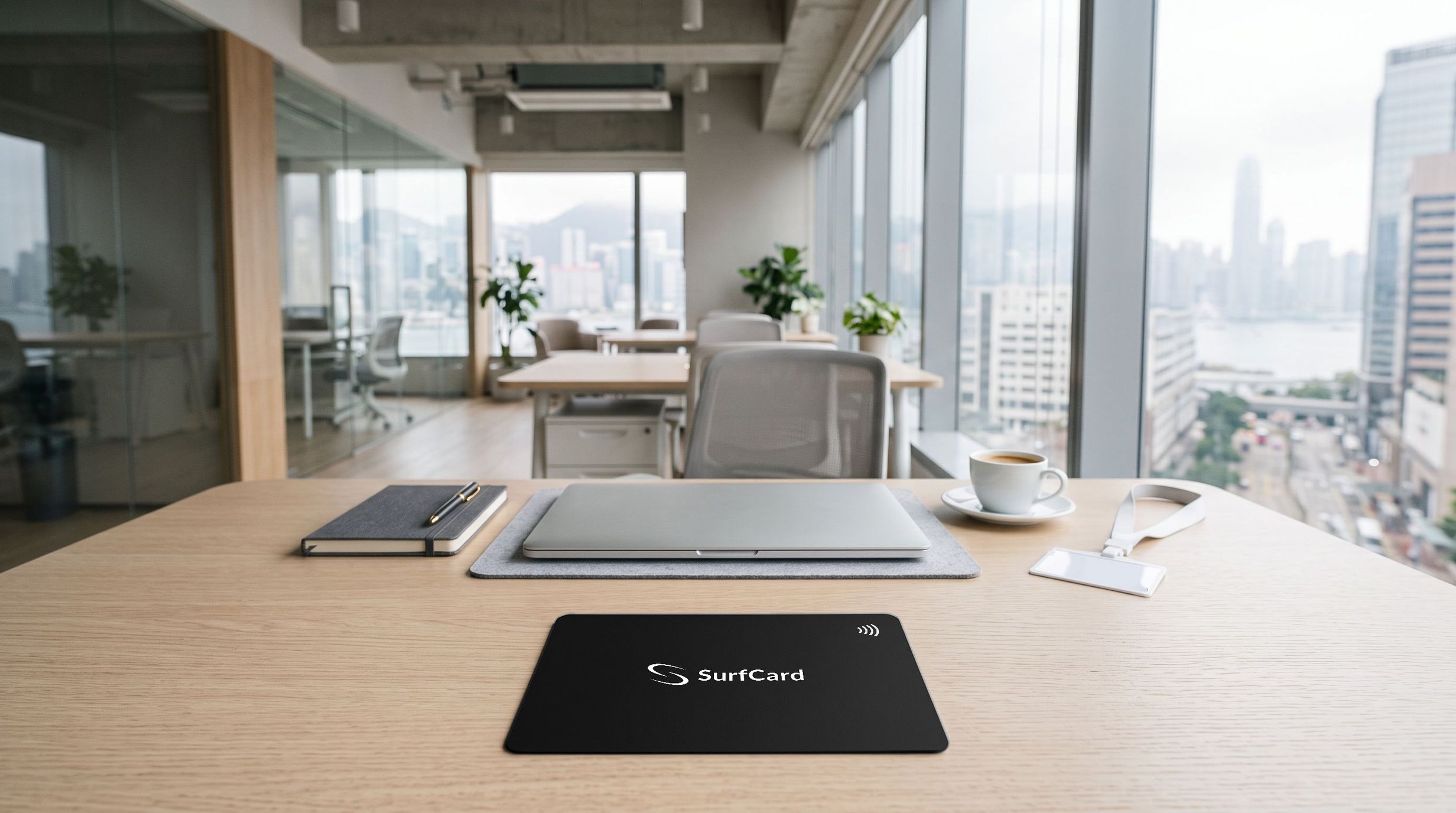 A matte black SurfCard resting on a pale oak desk beside a laptop, a notebook and a coffee, with a Hong Kong office window behind