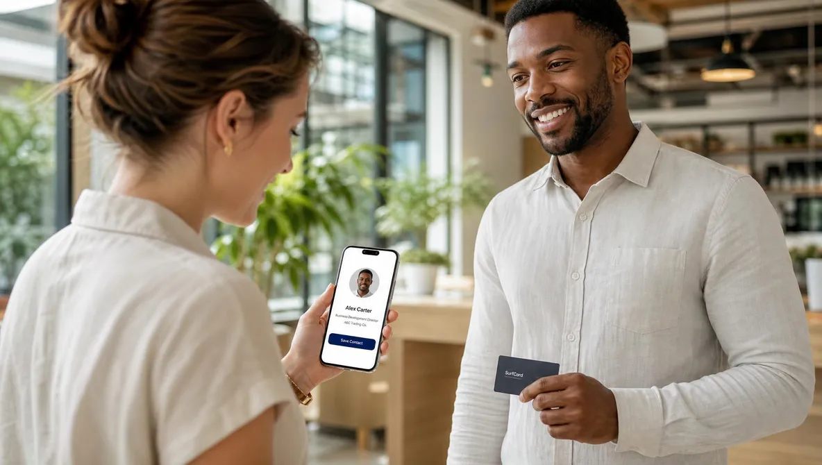 A woman reads a SurfCard profile on her iPhone, its Save Contact button ready, while the man she has just met holds his dark SurfCard