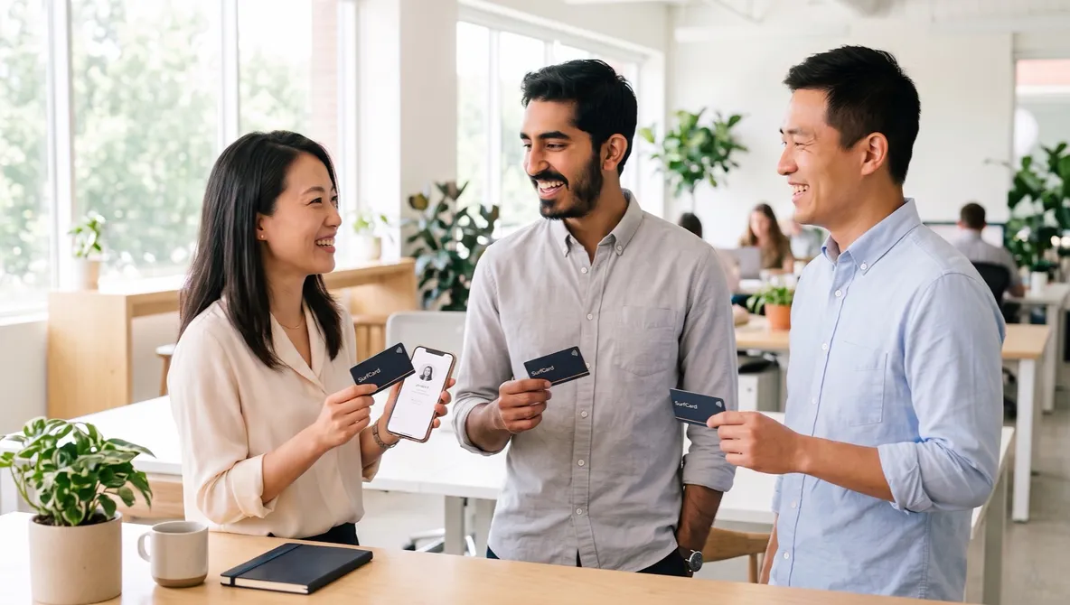 Three colleagues talking in a bright office, each holding the same navy SurfCard, one with a profile open on her phone