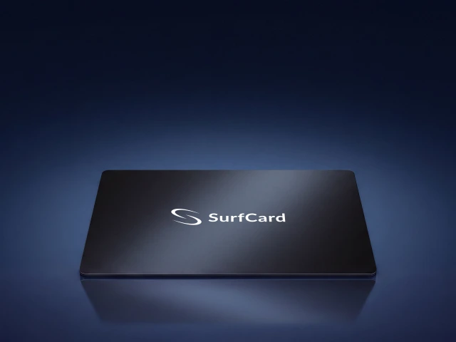 A matte black SurfCard lying on still deep-navy water, mirrored in the surface below